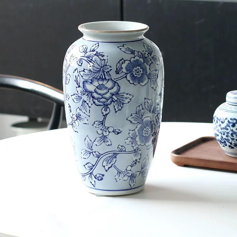 中式青花瓷花瓶插花摆件水培陶瓷复古中国风家俱玄关客厅办公花插