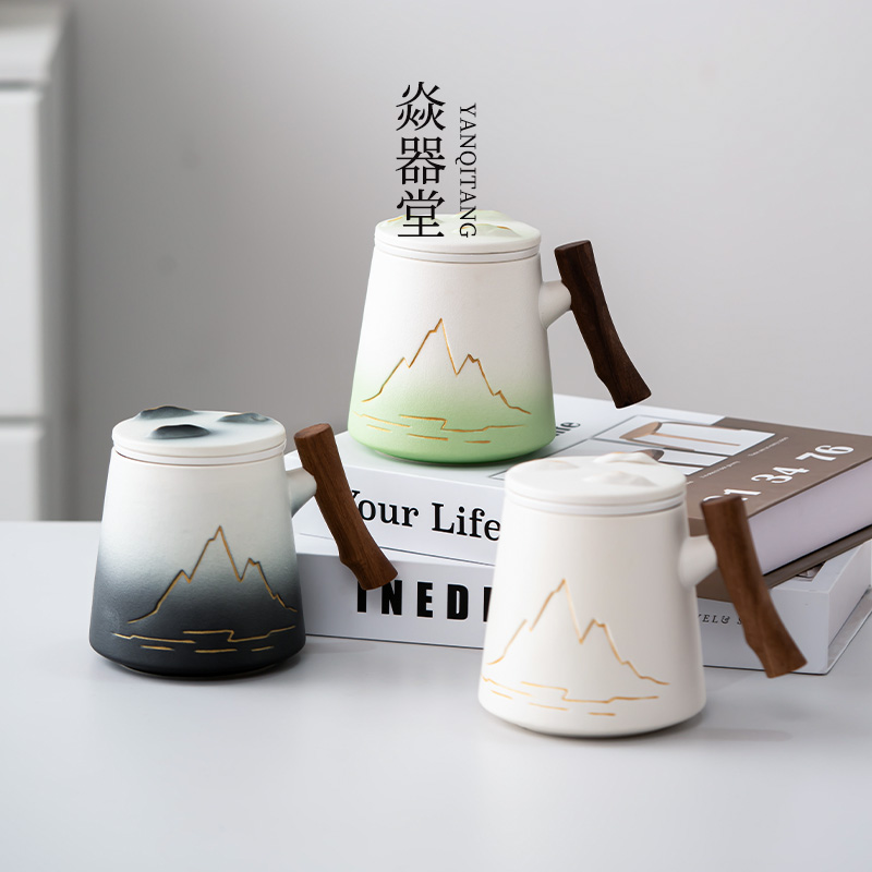 陶瓷渐层马克杯个人专用带盖子茶水分离泡茶杯家用杯子办公水杯定