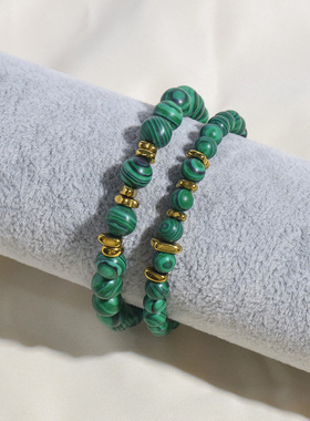 跨境新款孔雀石串珠手串男女款情侣时尚复古手链单圈手饰配饰