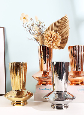 跨境直供几何陶瓷花瓶批发电镀哑光素烧干花花艺花插家居装饰