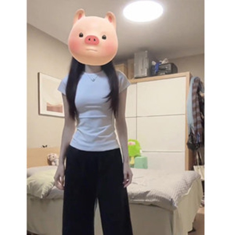 正肩收腰短袖t恤女短款小圆领上衣微胖显瘦夏季法式修身2025新款