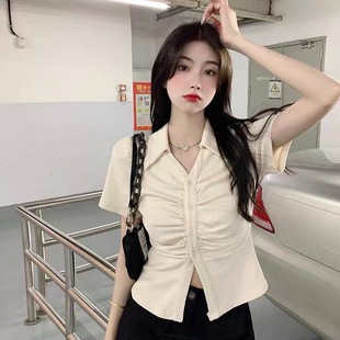 polo领正肩短袖 上衣 T恤女夏季 设计感小众收腰辣妹别致不规则短款
