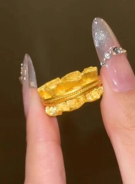 小红书同款手工拉丝金纹理宽面纹理金戒指女复古高级感食女款指戒