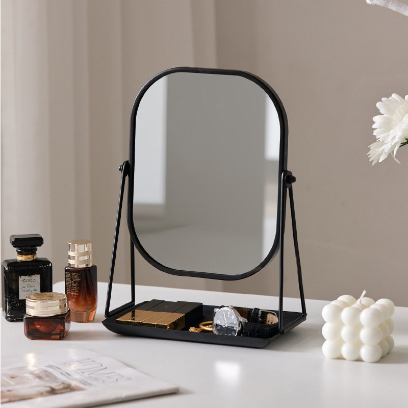 台式桌面梳妆镜带托盘储物收纳盒可折叠化妆镜家用卧室心镜子
