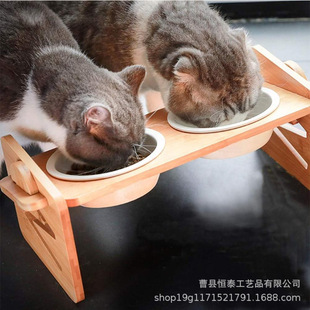 宠物喂食架陶瓷碗猫狗斜口保护颈椎猫粮碗宠物可调节宠物竹木架
