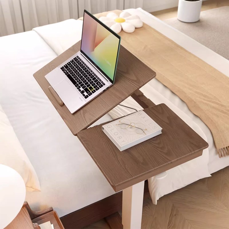 实木床边桌气动升降带万向轮沙发小桌子床边几可调节桌板胡桃木色