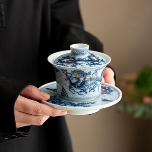 复古三才泡茶器家用高档大N号敬茶碗陶瓷功夫茶 青花龙纹盖碗中式