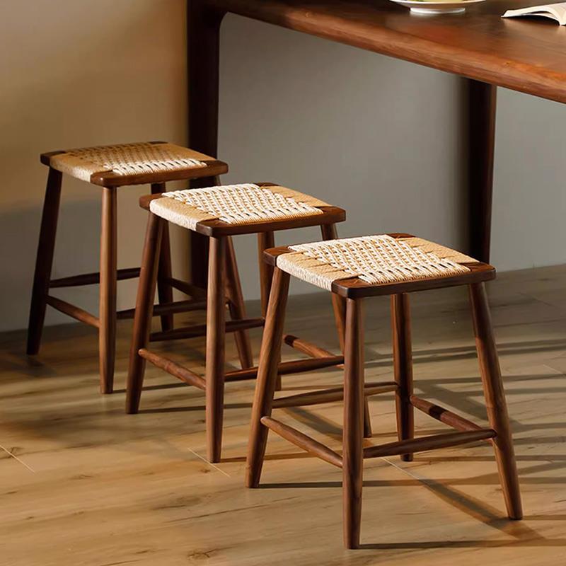 覆中古实木藤编无靠背小方凳子法式换鞋矮板凳梳化妆胡桃绳织餐椅