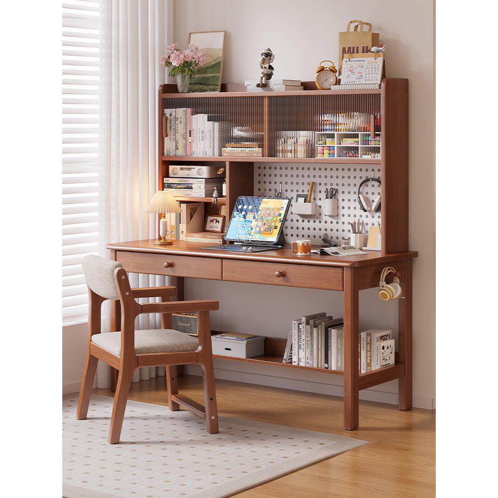 实木桌书架组合家庭书柜与孔板集成简单电脑桌卧室学生写字台