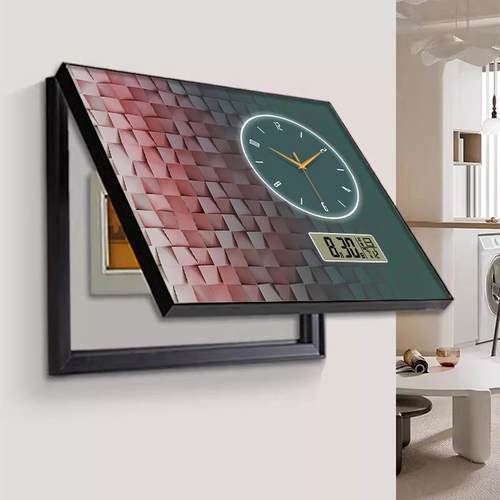 轻奢方块万年历电表箱装饰画带钟表挂钟客餐厅走廊配电箱遮挡挂画