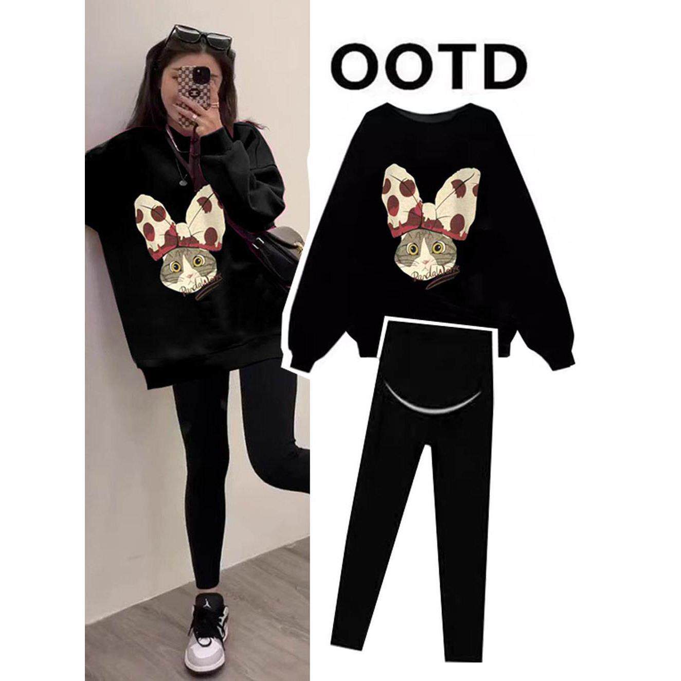 孕妇春秋款2025新款韩版圆领宽松卫衣冬装小猫上衣休闲时尚款套装