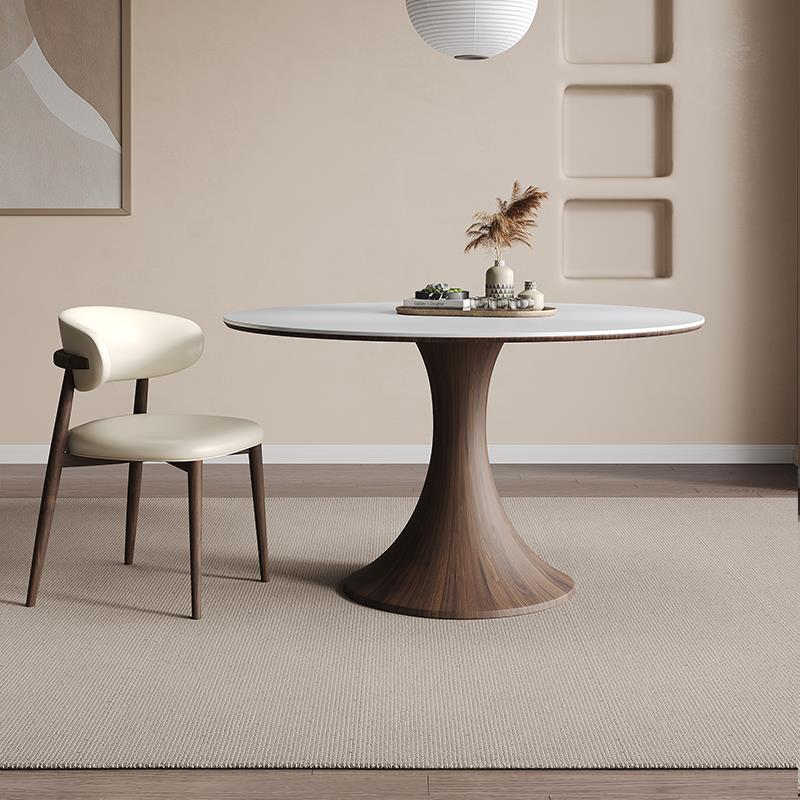 德利丰实木岩板餐桌家用小户型简约纯白餐厅圆形饭桌复古圆桌