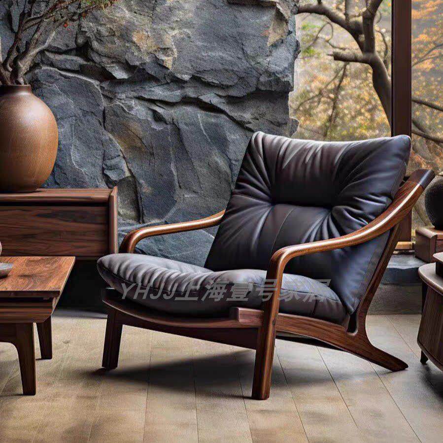 中式实木复古单人沙发椅客厅休闲懒人扶手躺椅民宿会所设计师家具