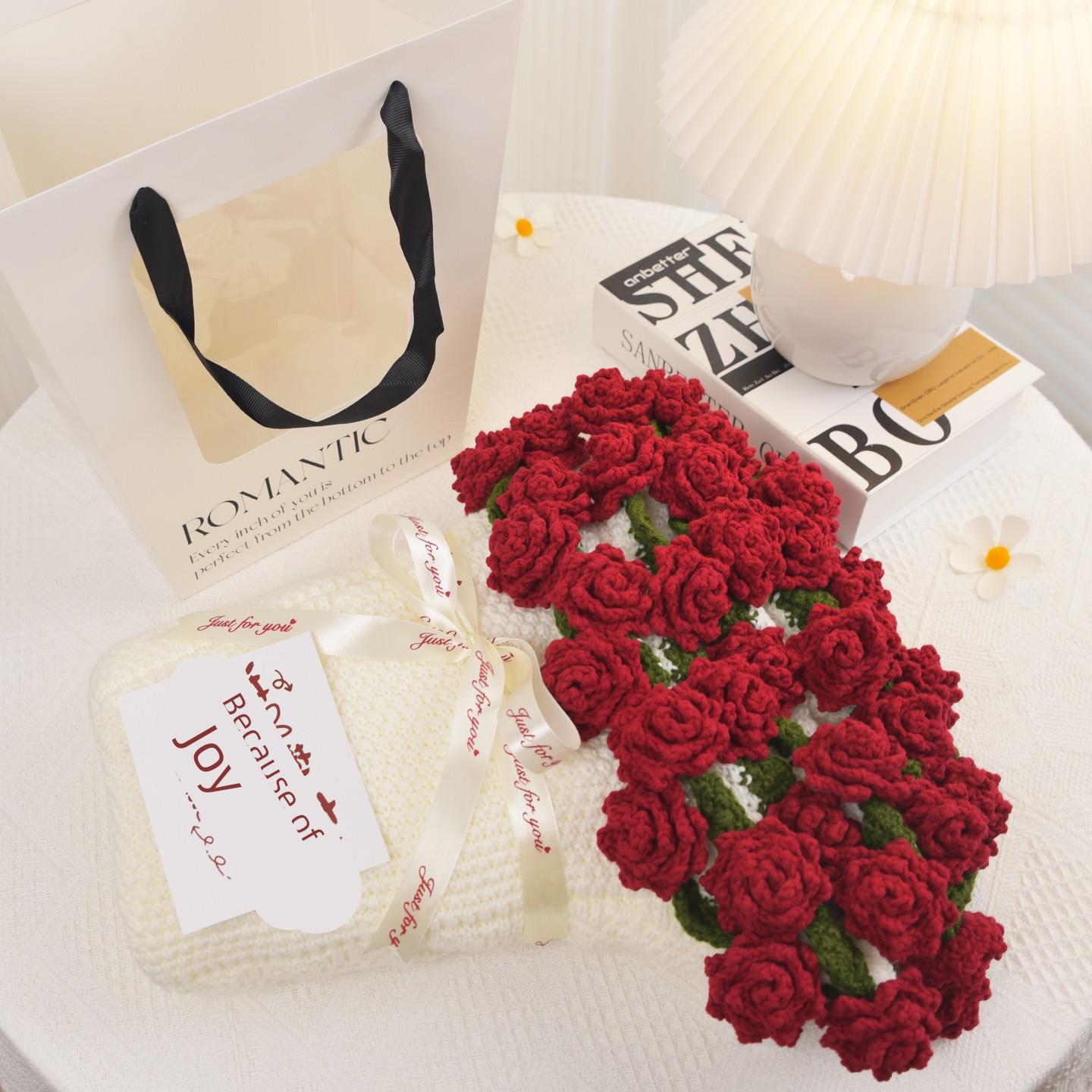 手工编织尖角玫瑰花束毯毛线毯子成品订婚新婚送女生生日礼物实用