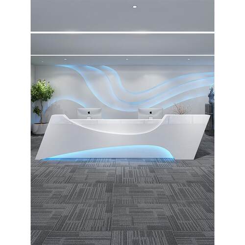 前台接待台弧形吧台白色烤漆美容院收银台迎宾吧台公司前台办公桌