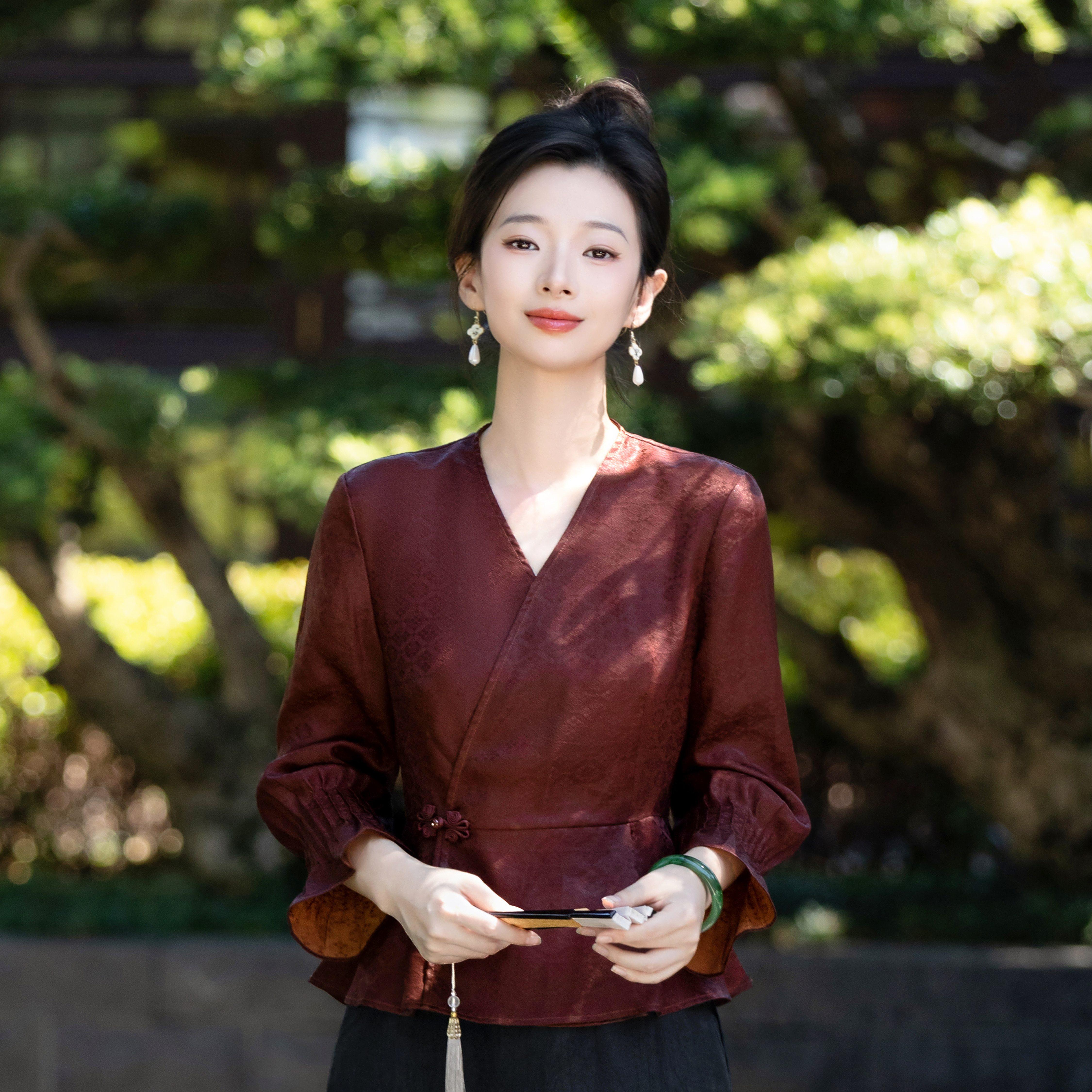 非遗红云纱重磅桑蚕丝红色上衣女