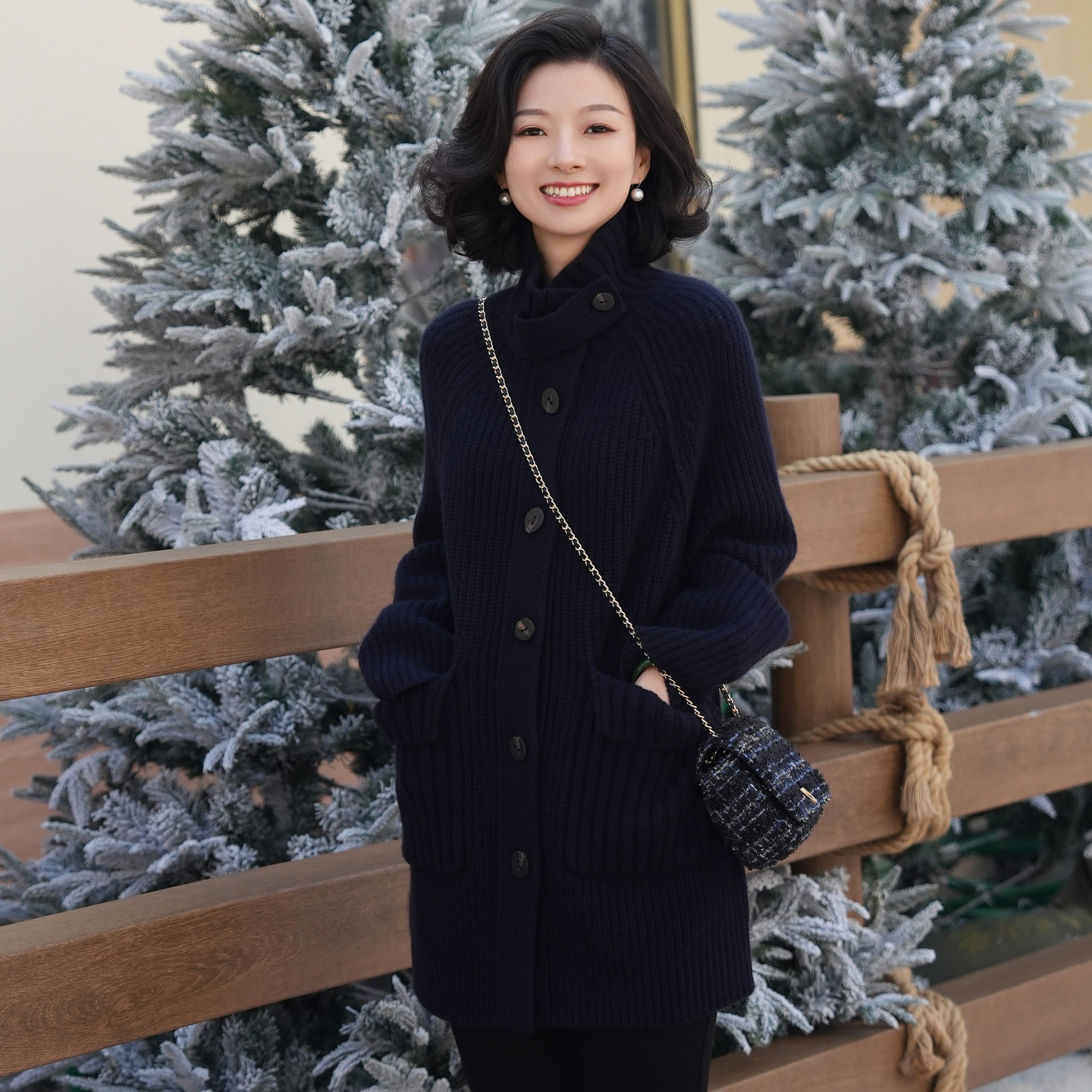 A级纯山羊绒廓形时尚针织开衫女