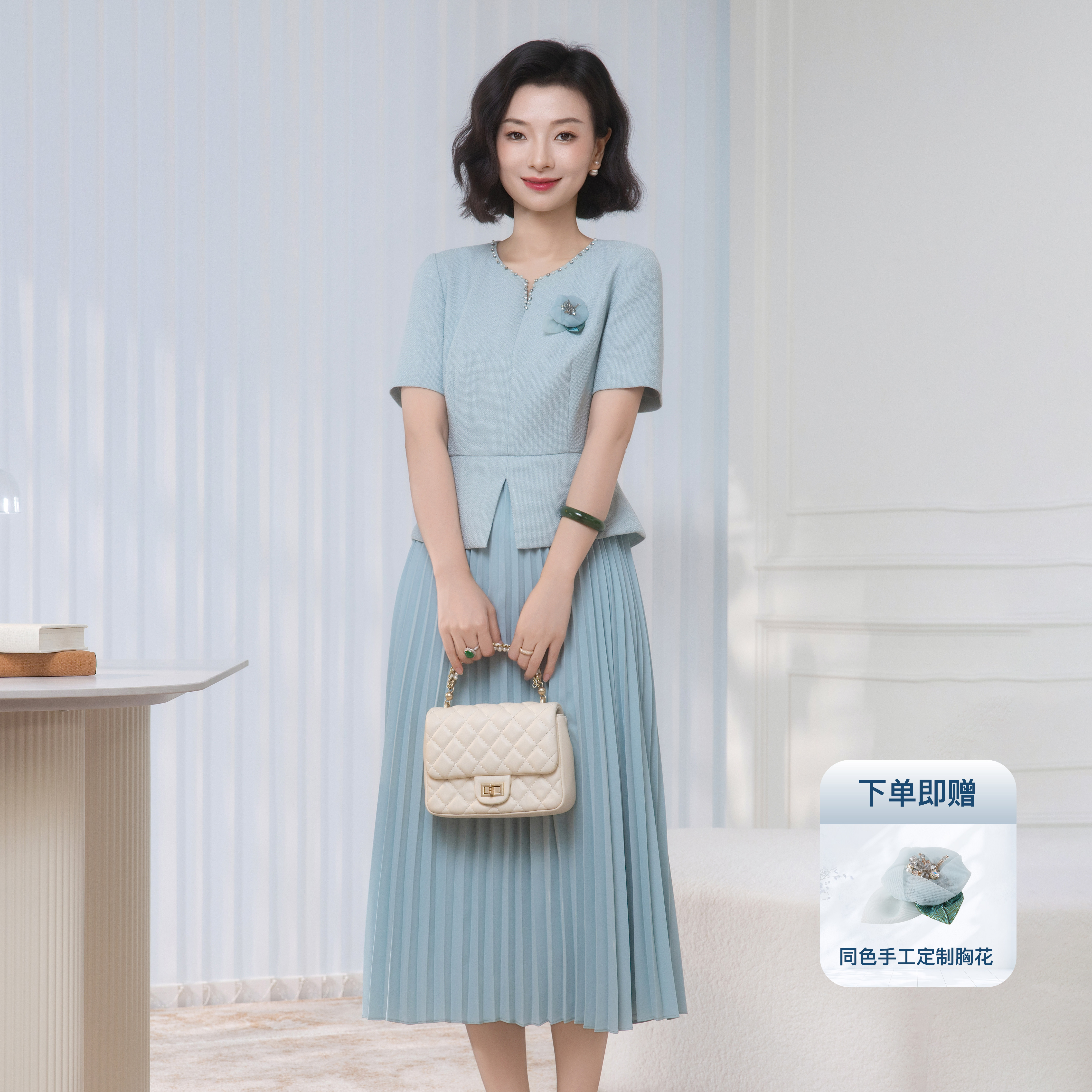 喜妈妈礼服假两件百褶短袖连衣裙