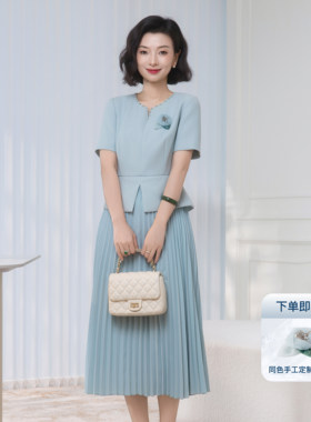 喜妈妈礼服假两件百褶短袖连衣裙