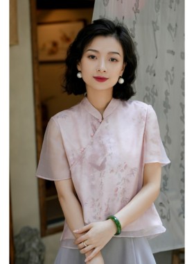 西子/【海棠】新中式立领斜襟网纱国风女士衬衣短袖上衣/SYBH1024