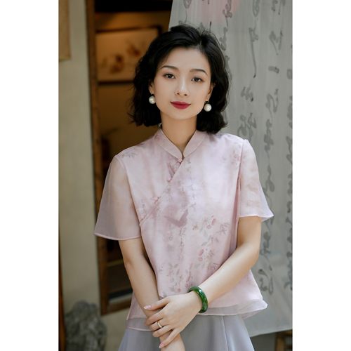 西子/【海棠】新中式立领斜襟网纱国风女士衬衣短袖上衣/SYBH1024