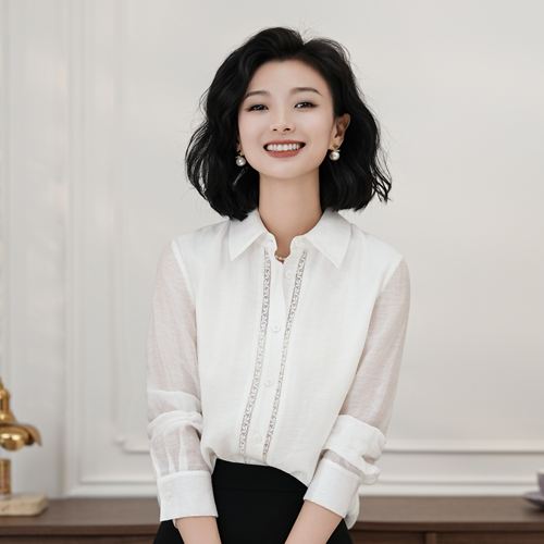 亚麻亲肤透气花边翻领白色衬衣女