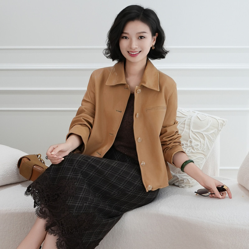 进口油蜡山羊皮可造型皮衣外套女