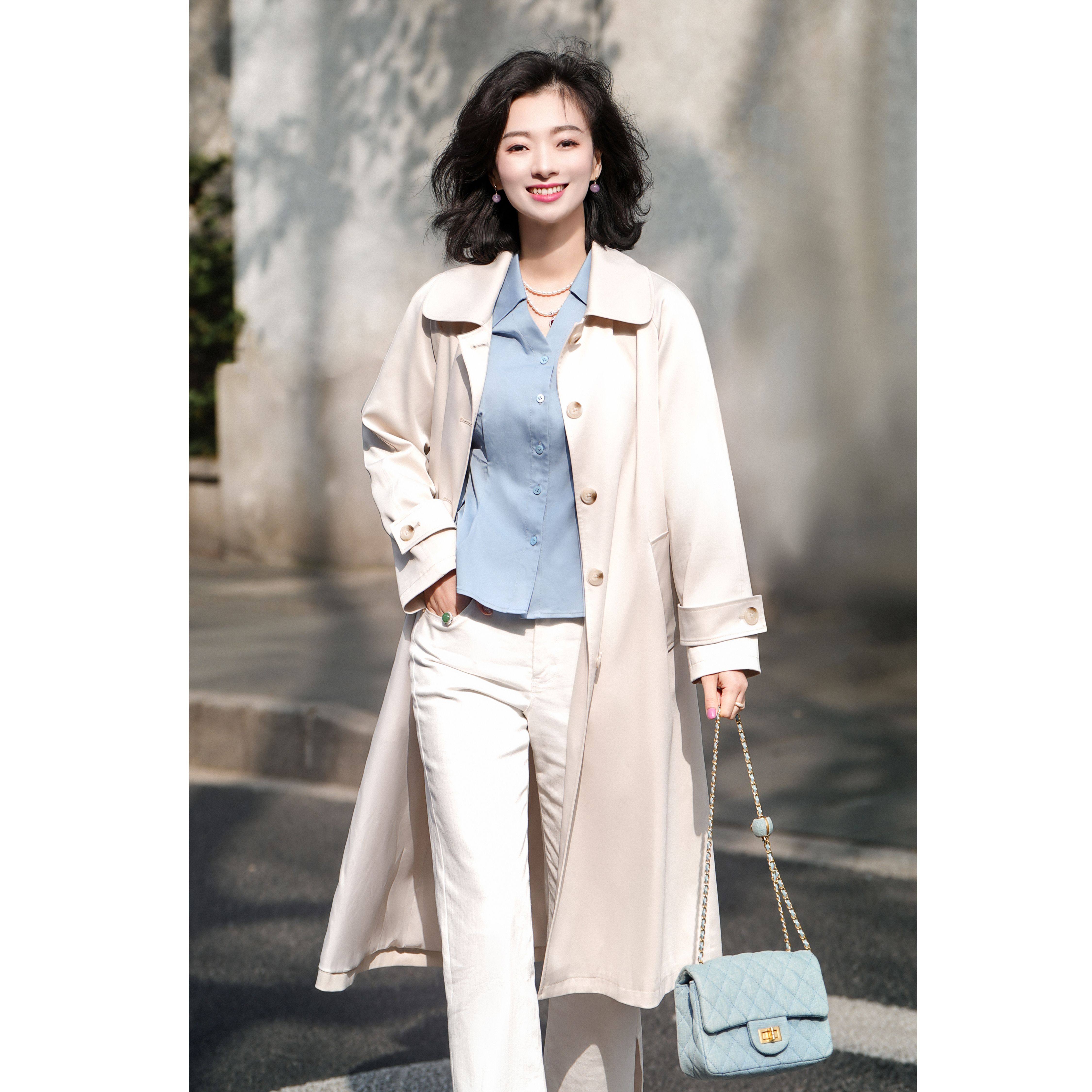 西子/【风起伦敦】琥珀扣翻领风衣中长款时尚开衫外套女/FYBH046