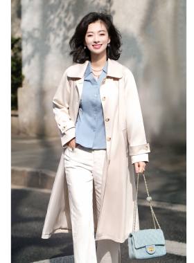 琥珀扣翻领风衣中长款开衫外套女