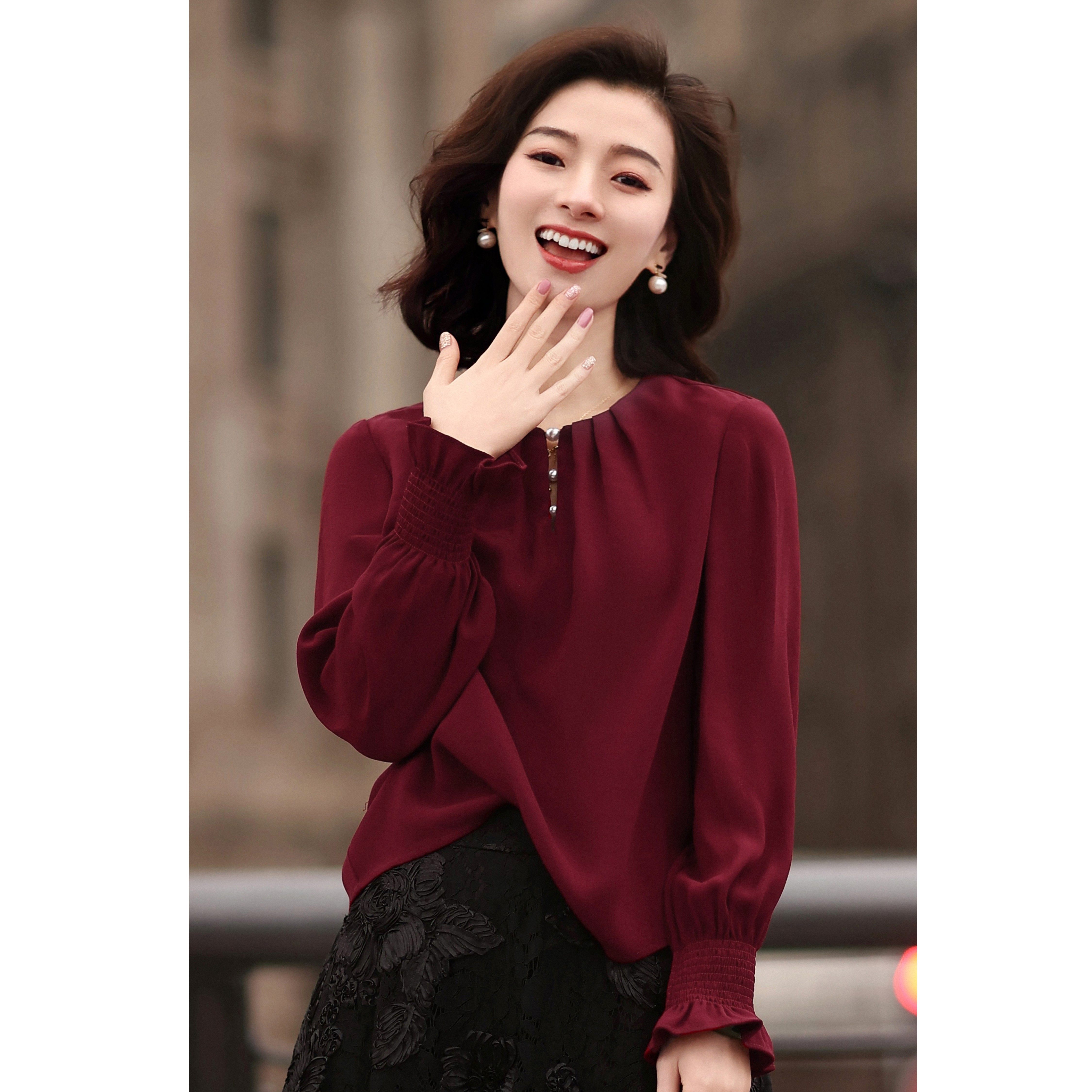 西子/【浓情午后】醋酸肌理感钉珠荷叶袖圆领衬衫女上衣/SYCY121