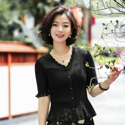 法式波浪领V领网纱荷叶袖上衣女