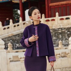 羊毛呢拼宋锦手工盘扣拼接外套女