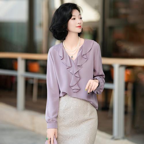 23姆米桑蚕丝V领荷叶边衬衫女装