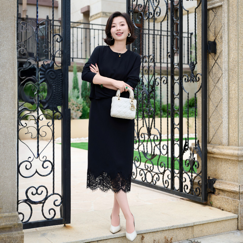 重磅醋酸蕾丝拼接假两件连衣裙女