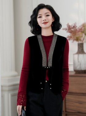 西子/【夜曲】新中式国风丝绒时尚钉珠黑色马甲上衣女装/MJTJ482