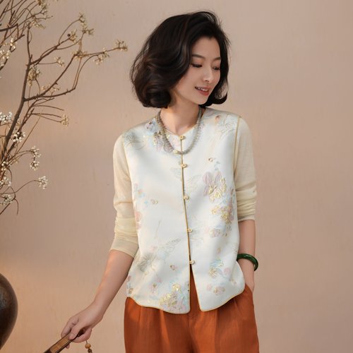 蝴蝶提花银灰黄色新中式马甲女装