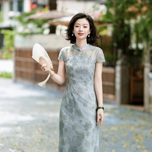 新中式蕾丝钉珠收腰碧青色旗袍女