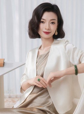 醋酸缎面V领通勤垂感薄款小西装