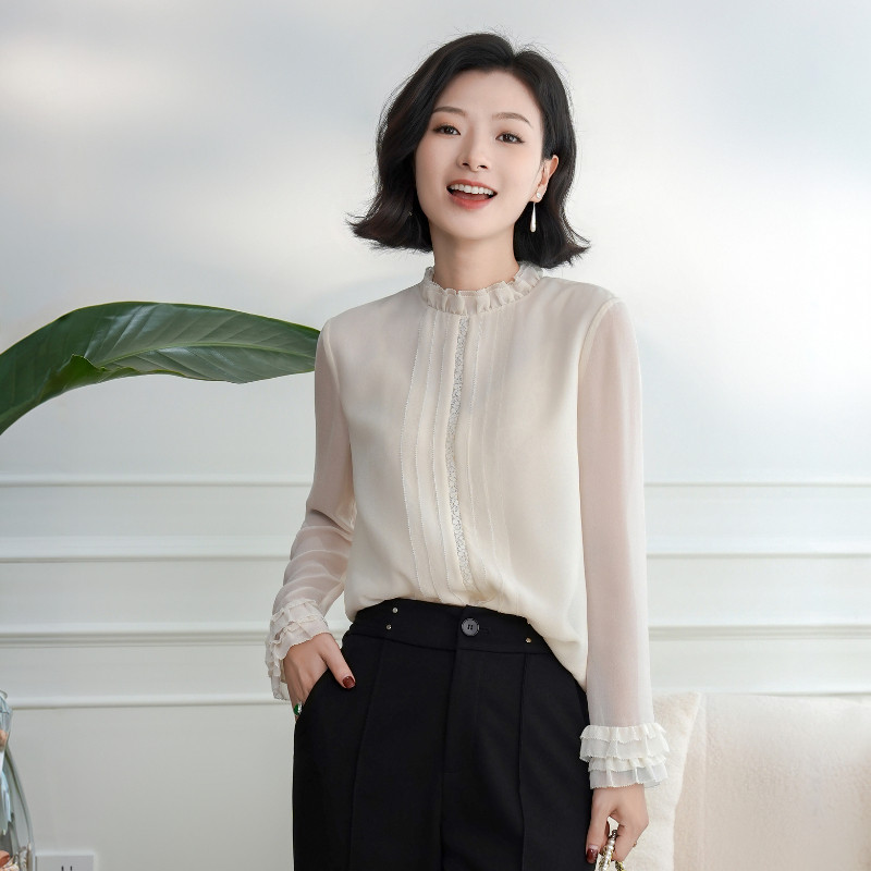 西子桑蚕丝乔其拉夫领塔克褶衬衫