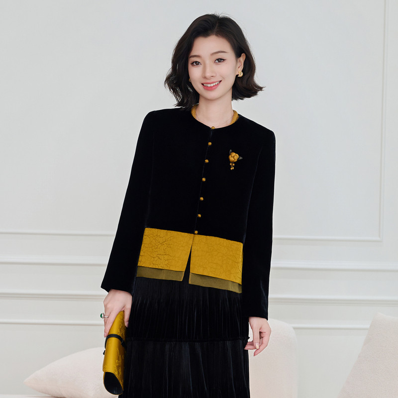 桑蚕丝丝绒拼接撞色新中式外套女