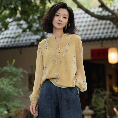 新中式时尚气质印花黄色上衣女装