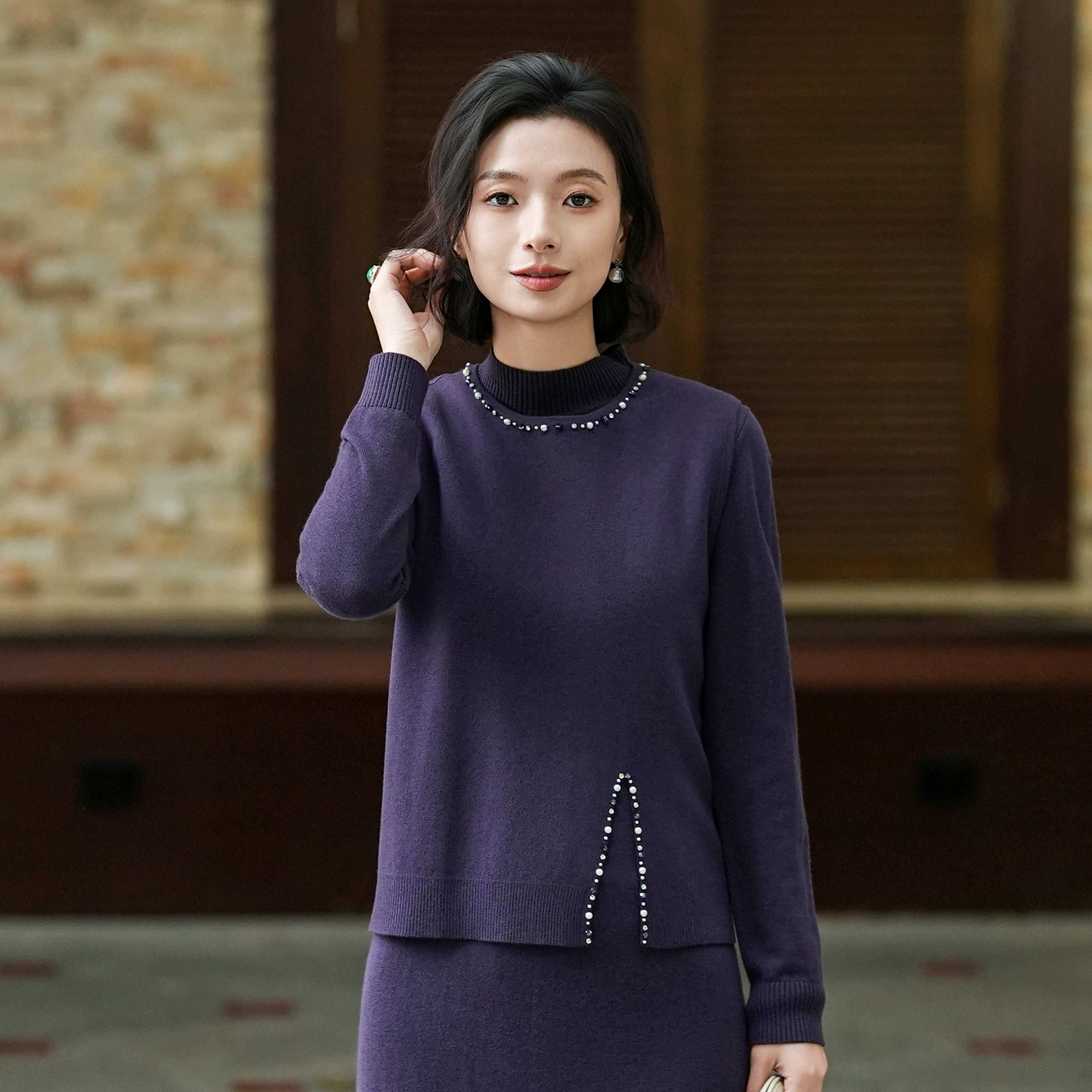 羊毛混纺钉珠背心长裙针织套装女