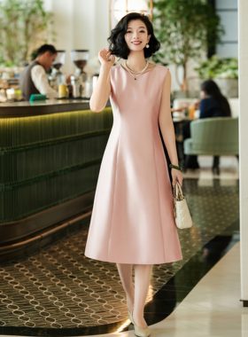 西子/【粉墨钻光】高级轻奢丝毛多片立裁无袖粉色连衣裙/CQTJ332