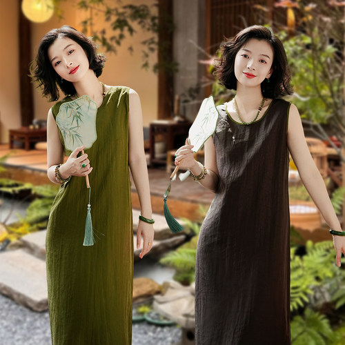 西子/【梧桐】香云纱龟裂纹桑蚕丝双面穿系带背心连衣裙/CQSJ009