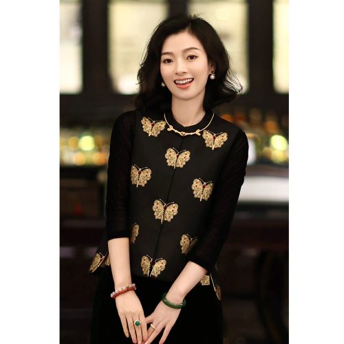 宋锦桑蚕丝上九楷对襟盘扣马甲女