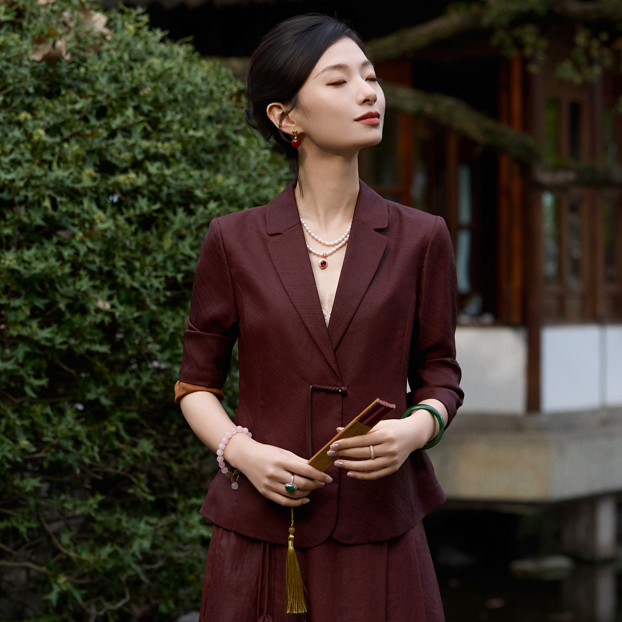 西子/【半江红】26姆米非遗香云纱红云纱新中式红棕西装/WTTJ1217