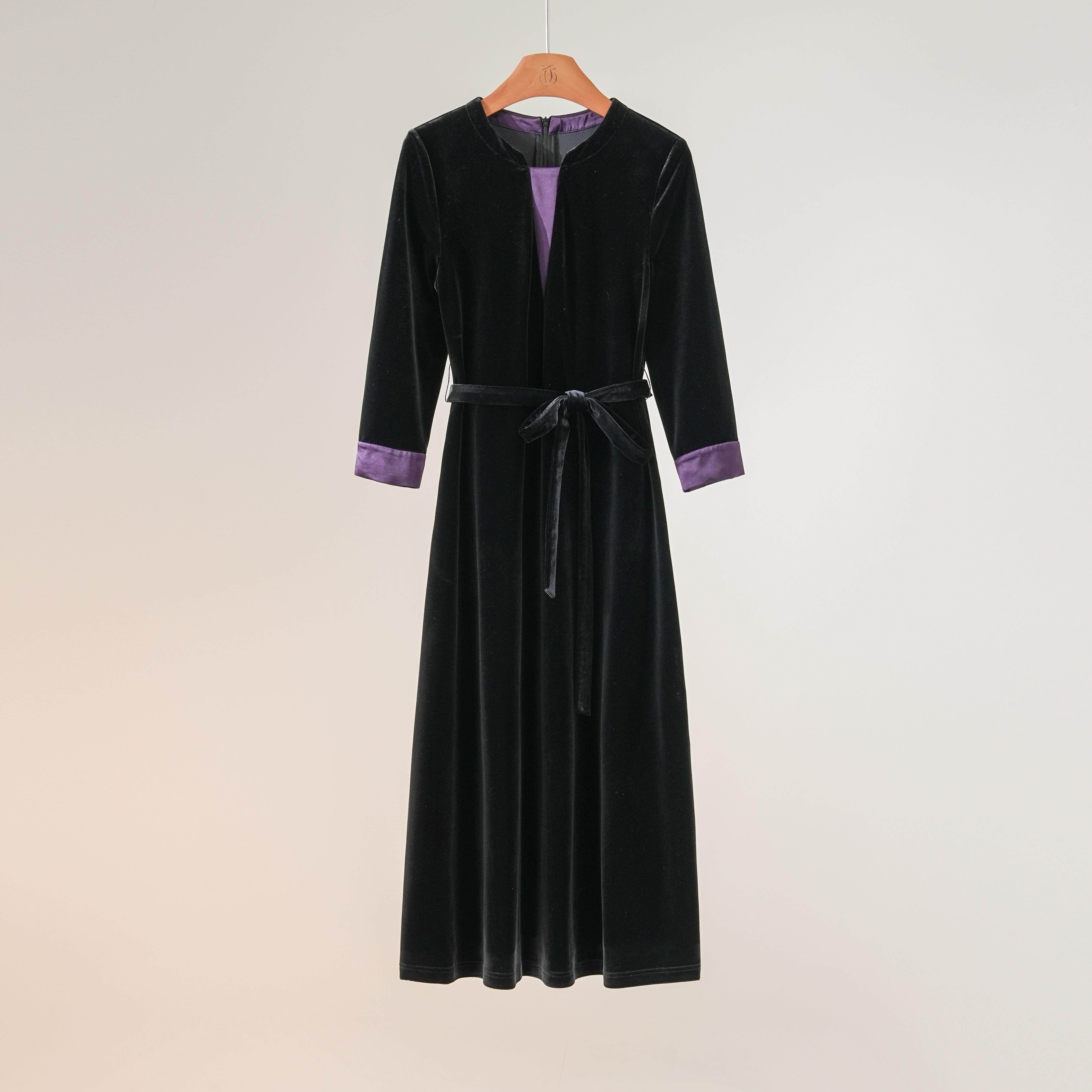 玉西子/【秋意浓】高级轻奢进口丝绒设计感黑紫色连衣裙/CQBH2274