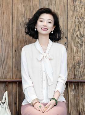 西子气质小香风假两件粉色衬衣女