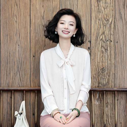 西子气质小香风假两件粉色衬衣女