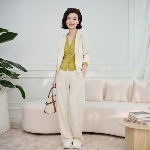 连帽收腰外套松紧高腰长裤套装女